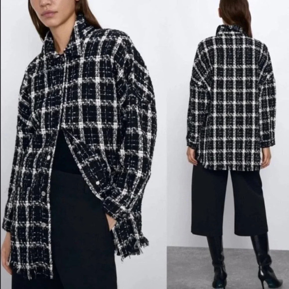 Zara Check Tweed Snap  Button Shirt Jacket Black White Bloggers Fave Size Small - Picture 3 of 7